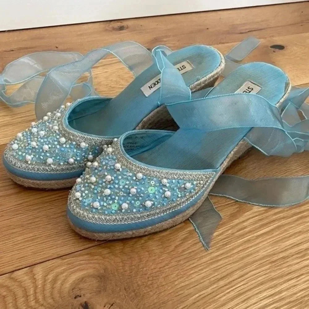 Steve Madden Blue Beaded Espadrilles Tie Up Wedges - Picture 14 of 15